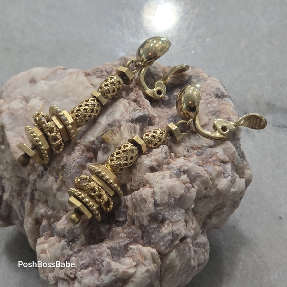 Vintage Monet Gold-Tone Ball Dangle Clip-On Earrings - Picture 3 of 11